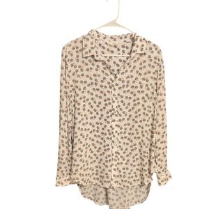 Jane and Delancey Button-Up Top, White Bicycle Print, Long Sleeve, Women's Small